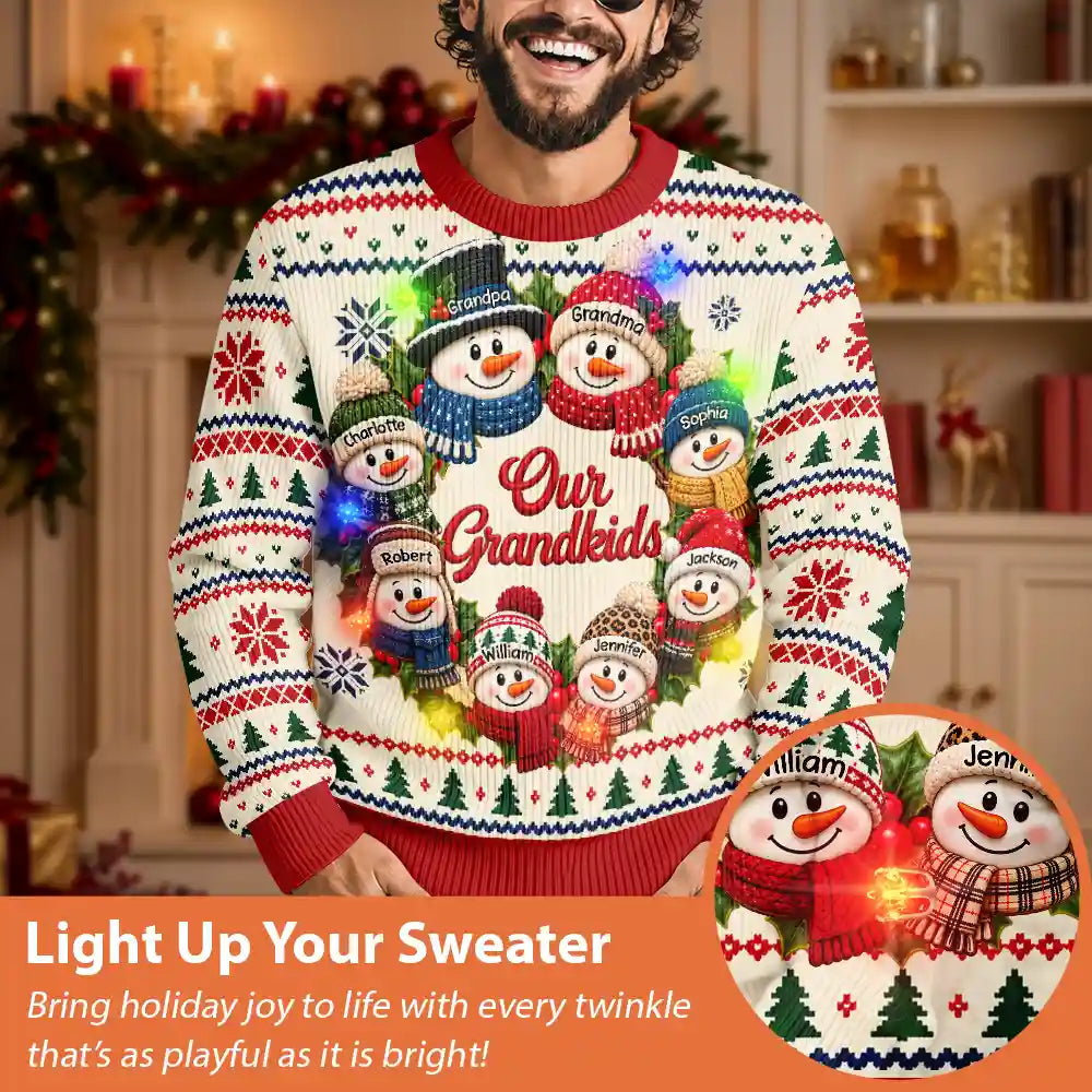 Christmas,Family,Grandparents,Happy,Icon - Christmas Gift For Grandparents - Personalized Snowman Wreath Unisex Ugly Sweater