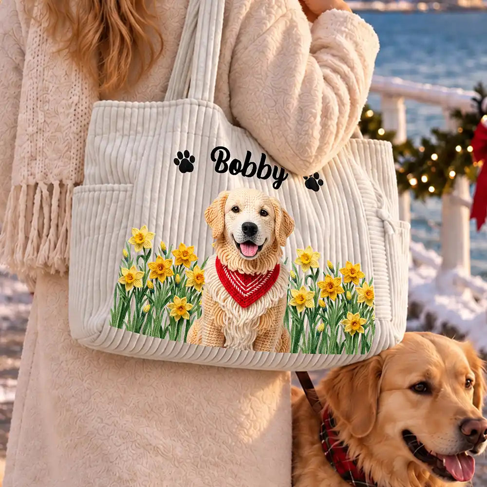 Adorable,Art Design,Christmas,Custom Photo,Dog Lovers,Pet Lovers,Photo - Crochet Pet,Top Market - Gift For Dog Lovers - Personalized Custom Photo And Name Crochet Style Pet Portrait Birth Flower Corduroy Tote Bag