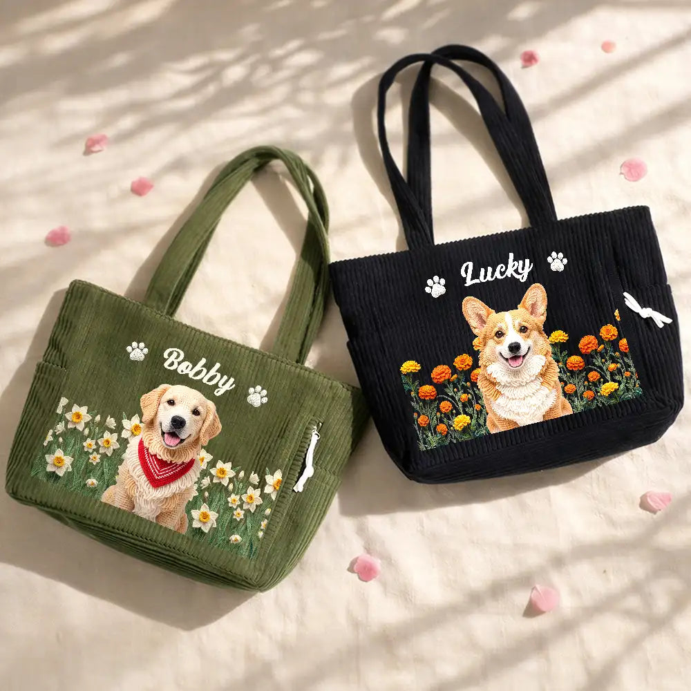 Adorable,Art Design,Christmas,Custom Photo,Dog Lovers,Pet Lovers,Photo - Crochet Pet,Top Market - Gift For Dog Lovers - Personalized Custom Photo And Name Crochet Style Pet Portrait Birth Flower Corduroy Tote Bag