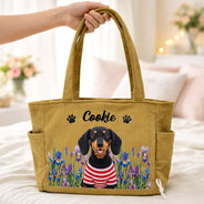 Adorable,Art Design,Christmas,Custom Photo,Dog Lovers,Pet Lovers,Photo - Crochet Pet,Top Market - Gift For Dog Lovers - Personalized Custom Photo And Name Crochet Style Pet Portrait Birth Flower Corduroy Tote Bag