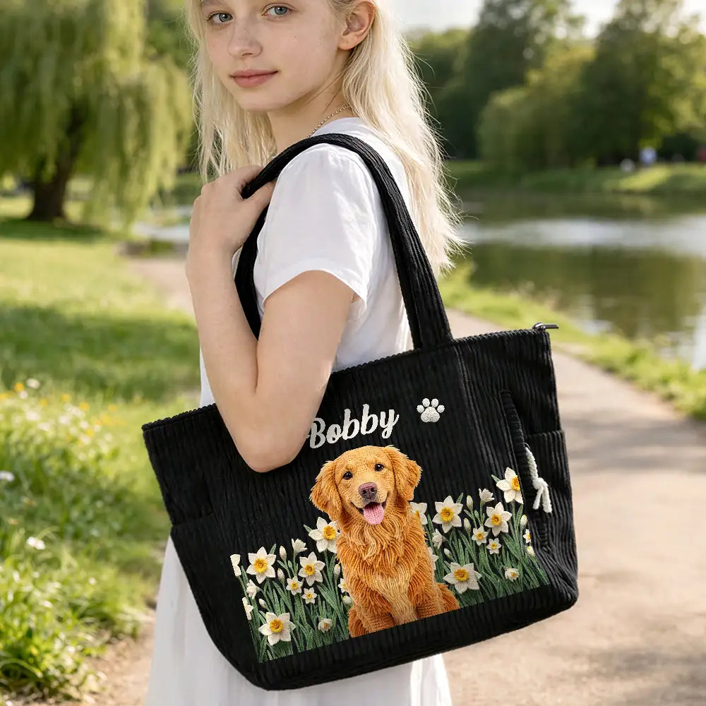 Adorable,Art Design,Christmas,Custom Photo,Dog Lovers,Pet Lovers,Photo - Crochet Pet,Top Market - Gift For Dog Lovers - Personalized Custom Photo And Name Crochet Style Pet Portrait Birth Flower Corduroy Tote Bag