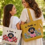 Adorable,Art Design,Christmas,Custom Photo,Dog Lovers,Pet Lovers,Photo - Crochet Pet,Top Market - Gift For Dog Lovers - Personalized Custom Photo And Name Crochet Style Pet Portrait Birth Flower Corduroy Tote Bag