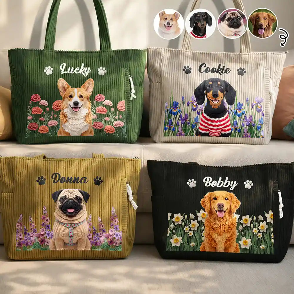 Adorable,Art Design,Christmas,Custom Photo,Dog Lovers,Pet Lovers,Photo - Crochet Pet,Top Market - Gift For Dog Lovers - Personalized Custom Photo And Name Crochet Style Pet Portrait Birth Flower Corduroy Tote Bag