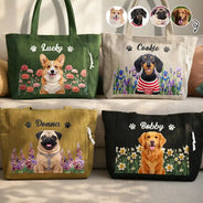 Adorable,Art Design,Christmas,Custom Photo,Dog Lovers,Pet Lovers,Photo - Crochet Pet,Top Market - Gift For Dog Lovers - Personalized Custom Photo And Name Crochet Style Pet Portrait Birth Flower Corduroy Tote Bag