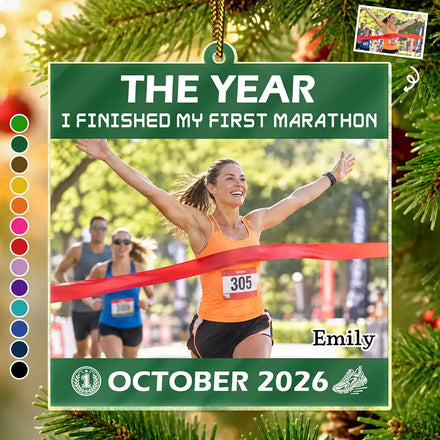 Christmas Gift For Runner - Personalized Custom Photo And Date First Marathon Finisher Acrylic Ornament