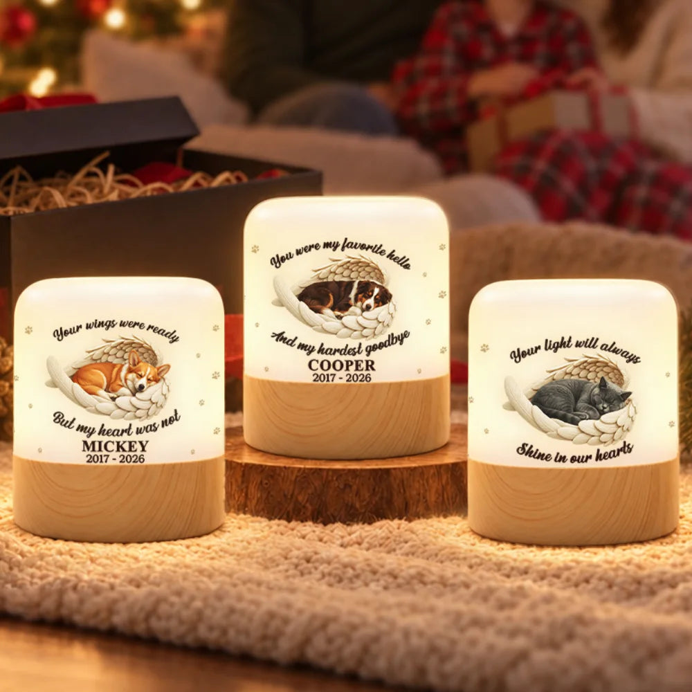 Art Design,Custom Photo,Memorial,Pet Lovers,Pet Memorial,Photo - Sleeping Pet Angle Wing,Sympathetic - Memorial Pet Dog Cat Sympathy Gift - Personalized Custom Photo Forever In My Heart Touch Night Light