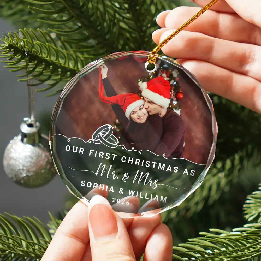 Custom Photo Our First Christmas Engaged - Personalized Circle Glass Ornament