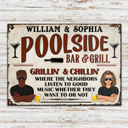 Bar & Grill Where The Neighbor - Swimming Pool Decor - Personalized Custom Classic Metal Signs