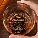 Gift For Husband, Gift For Boyfriend, Gift For Couples - Congrats On Being My Husband You Lucky Man Heart Sign Couple Hand - Personalized Engraved Whiskey Glass