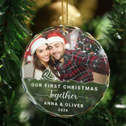 Custom Photo Our First Christmas Engaged - Personalized Circle Glass Ornament