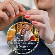 Custom Photo Our First Christmas Engaged - Personalized Circle Glass Ornament
