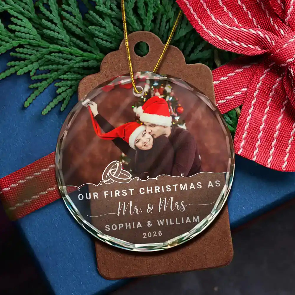 Custom Photo Our First Christmas Engaged - Personalized Circle Glass Ornament