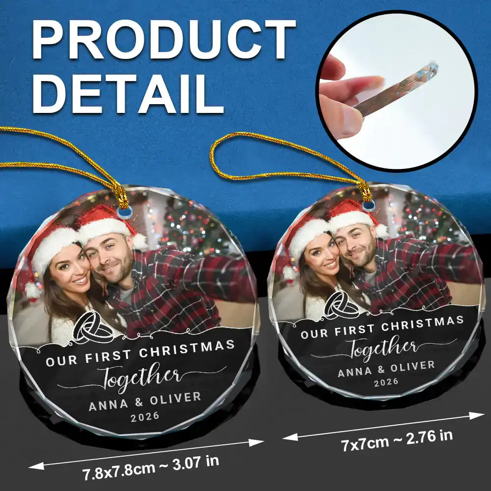 Custom Photo Our First Christmas Engaged - Personalized Circle Glass Ornament