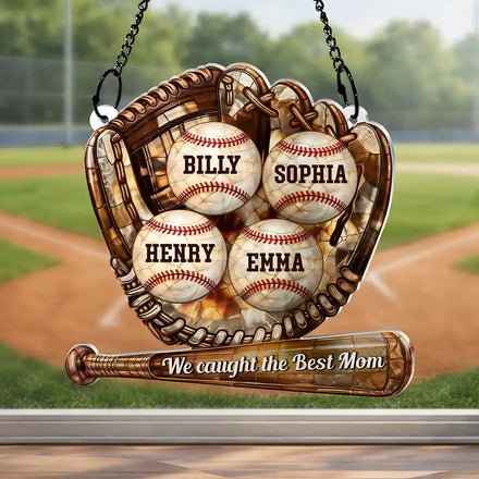 Baseball Icon We Caught The Best Mom - Personalized Window Hanging Suncatcher Ornament