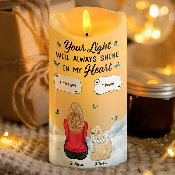Memorial,Pet Lovers,Dog Lovers,Cat Lovers,Sad - Memorial Your Light Will Always Shine In My Heart - Personalized Flameless LED Candle