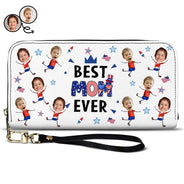 Gift For Mother,Gift For Grandma,Happy,Summer,Independence Day,Photo,Icon,Humorous - Custom Photo Stars & Stripes Best Mom Grandma Ever - Personalized Leather Long Wallet