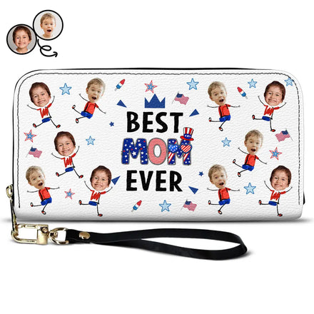 Custom Photo Stars & Stripes Best Mom Grandma Ever - Personalized Leather Long Wallet