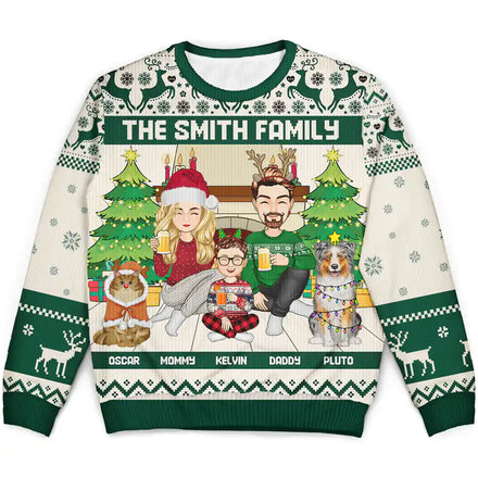 Merry Christmas Family With Pets - Personalized Unisex Ugly Sweater