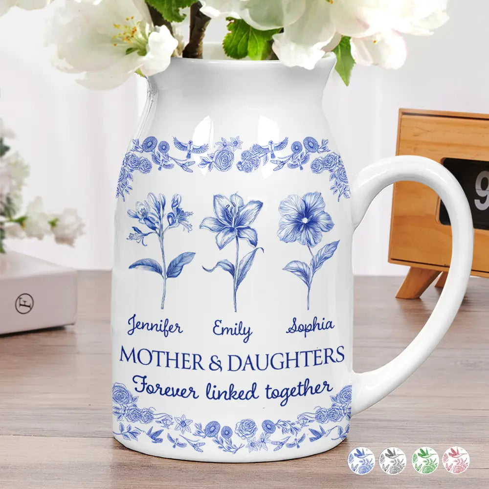 Mother & Daughters Forever Linked Together Toile Birth Flower - Personalized Ceramic Flower Vase