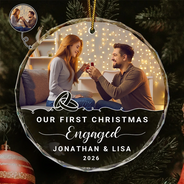 Custom Photo Our First Christmas Engaged - Personalized Circle Glass Ornament