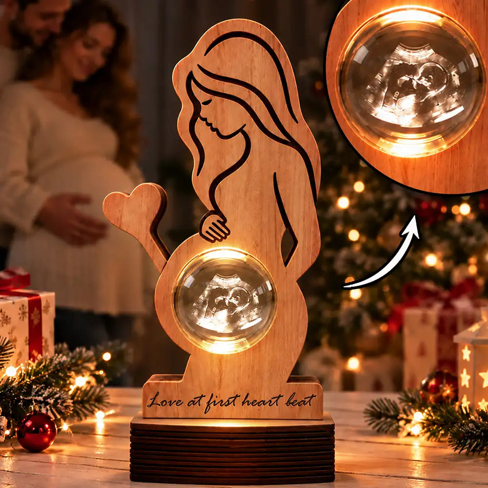 Mindful Gift For Pregnant Mom, New Mother - Personalized Custom Photo Warm And Lovely Baby Bump Crystal Globe Light Wooden Plaque