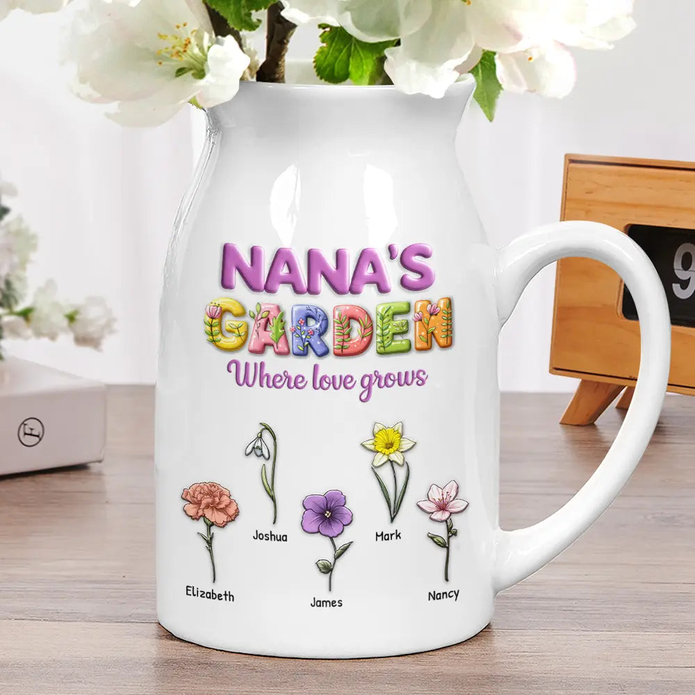 Gift For Grandma,Love,Happy - Grandma Garden Where Love Grow 3D Effect Birth Flower - Personalized Ceramic Flower Vase