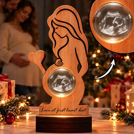 Mindful Gift For Pregnant Mom, New Mother - Personalized Custom Photo Warm And Lovely Baby Bump Crystal Globe Light Wooden Plaque