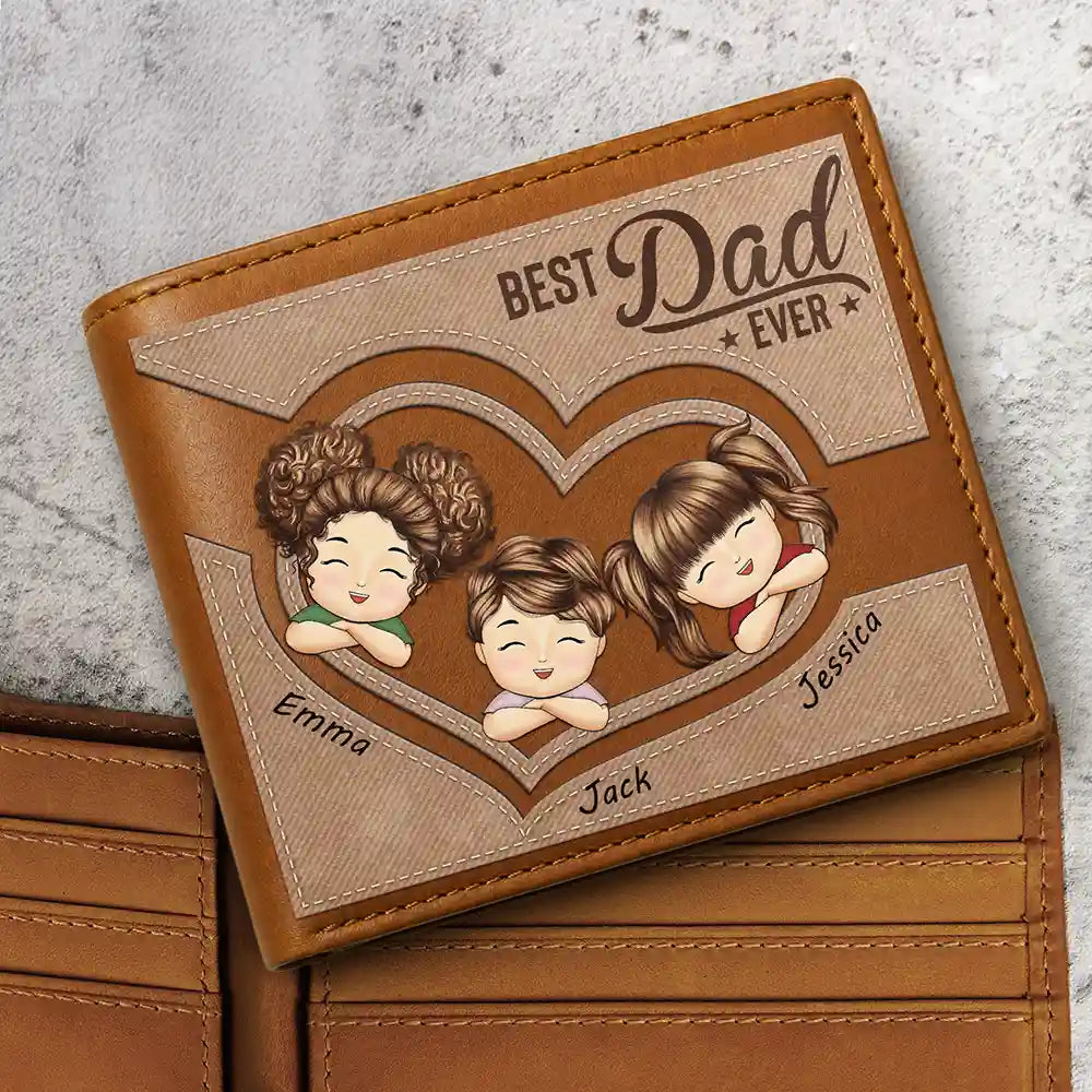 We Love You, Best Grandpa Ever Chibi Heart Faux-Stitched Effect - Personalized Leather Wallet