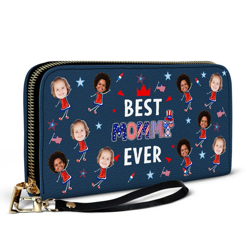 Gift For Mother,Gift For Grandma,Happy,Summer,Independence Day,Photo,Icon,Humorous - Custom Photo Stars & Stripes Best Mom Grandma Ever - Personalized Leather Long Wallet