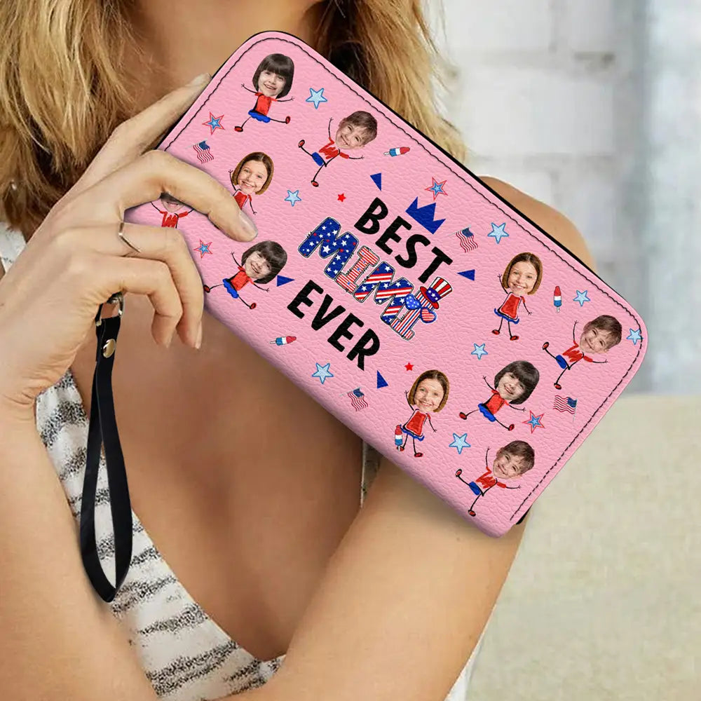 Gift For Mother,Gift For Grandma,Happy,Summer,Independence Day,Photo,Icon,Humorous - Custom Photo Stars & Stripes Best Mom Grandma Ever - Personalized Leather Long Wallet