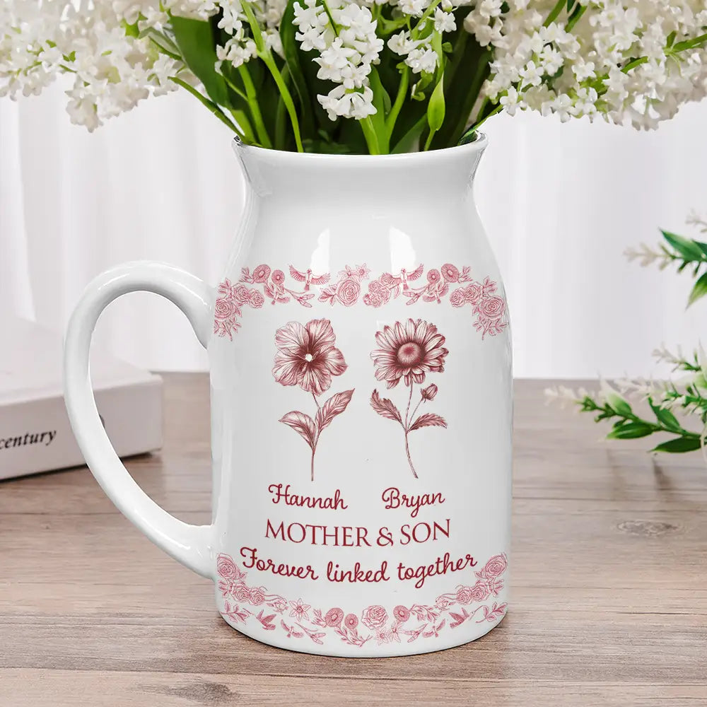 Gift For Mother,Mom - Daughters (Adult),Mom - Daughters (Young),Mom - Sons,Mom - Children,Love - Mother & Daughters Forever Linked Together Toile Birth Flower - Personalized Ceramic Flower Vase