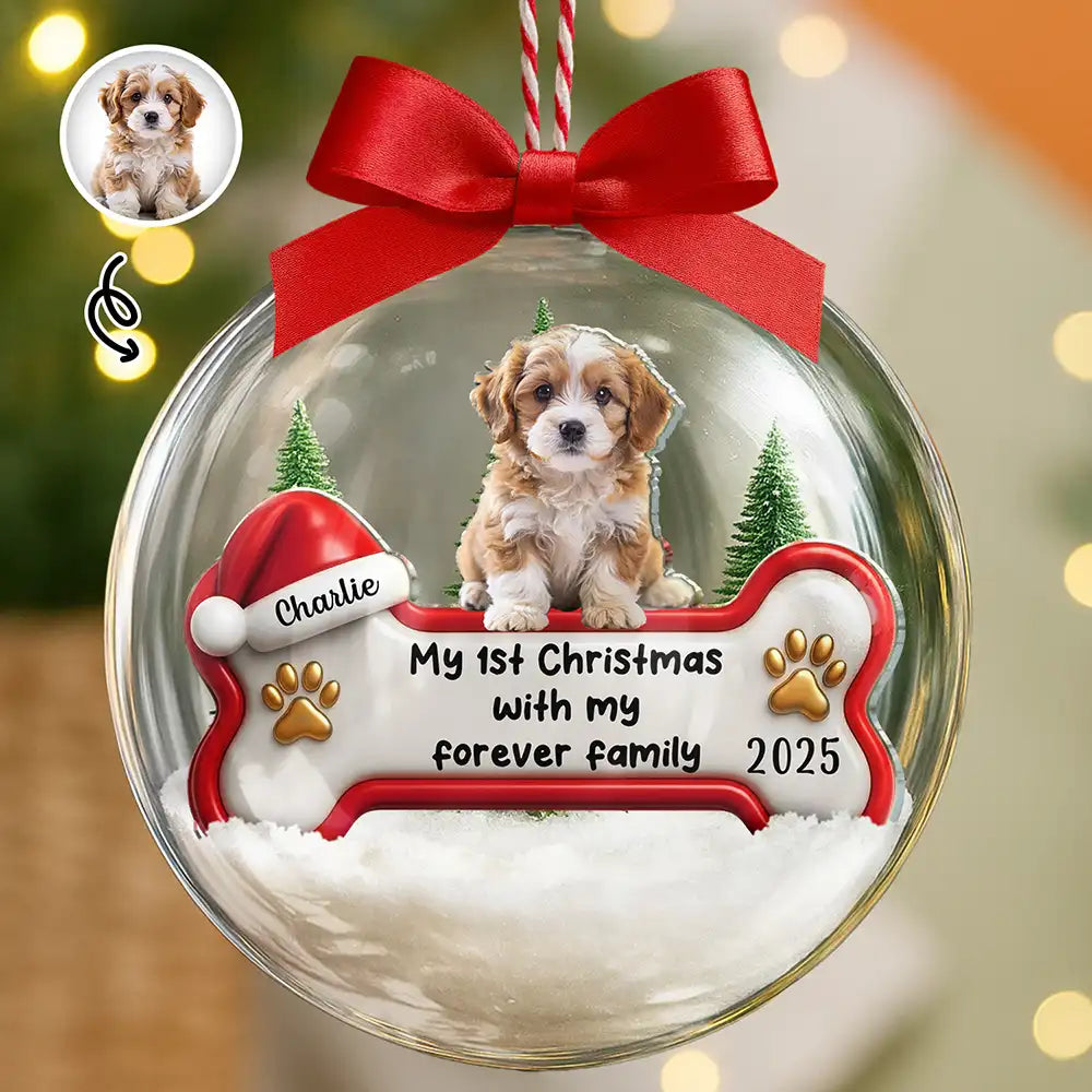 Pet Lovers,Custom Photo,Happy,Christmas - Custom Photo 1st Christmas With Forever Family - Personalized 3D Acrylic Ball Ornament