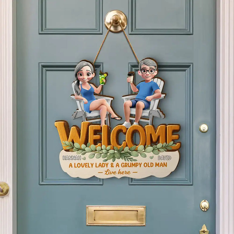 Gift For Couples,Gift For Husband,Gift For Wife,Gift For Boyfriend,Gift For Girlfriend,Happy - A Lovely Lady And A Grumpy Old Man Live Here - Personalized Custom Shaped Wood Sign