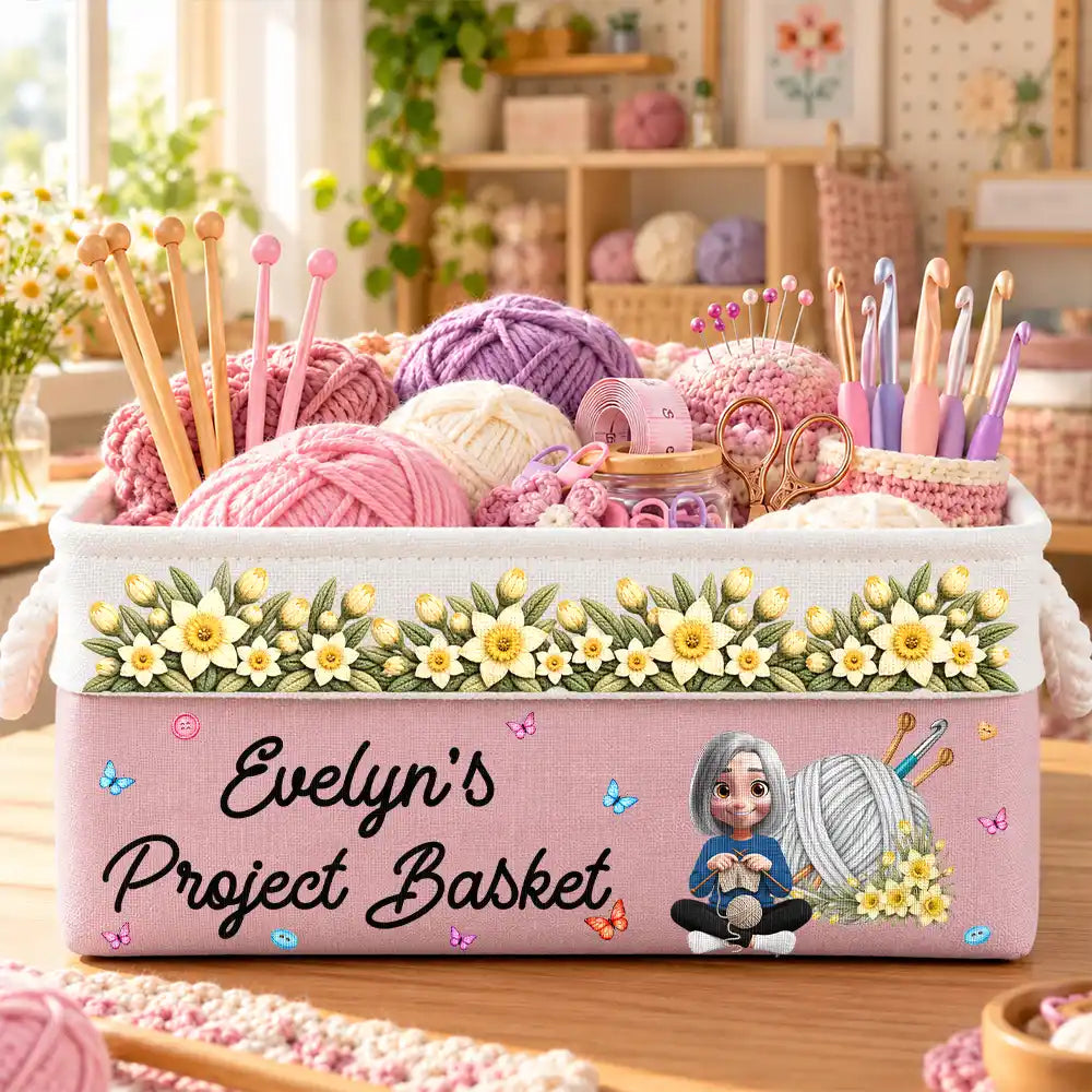 Christmas,Cozy,Crocheting,Gift For Women,Gift For Yourself,Gifts For Her,Icon - Gift For Knitter Crocheter Mom Grandma - Personalized Character & Name Yarn Ball With Birth Flower Storage Basket