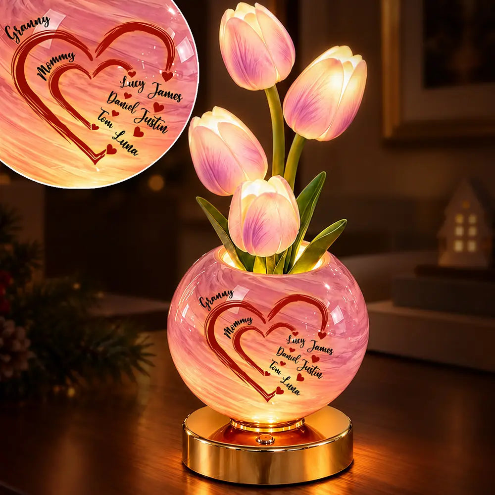 Christmas,Custom Text,Gift For Grandma,Gifts For Her,Grateful,Indoor Decor - Bedside Christmas Home Decor Gift For Grandma, Mom - Personalized With Kid's Name Sweethearts Tulip LED Night Light