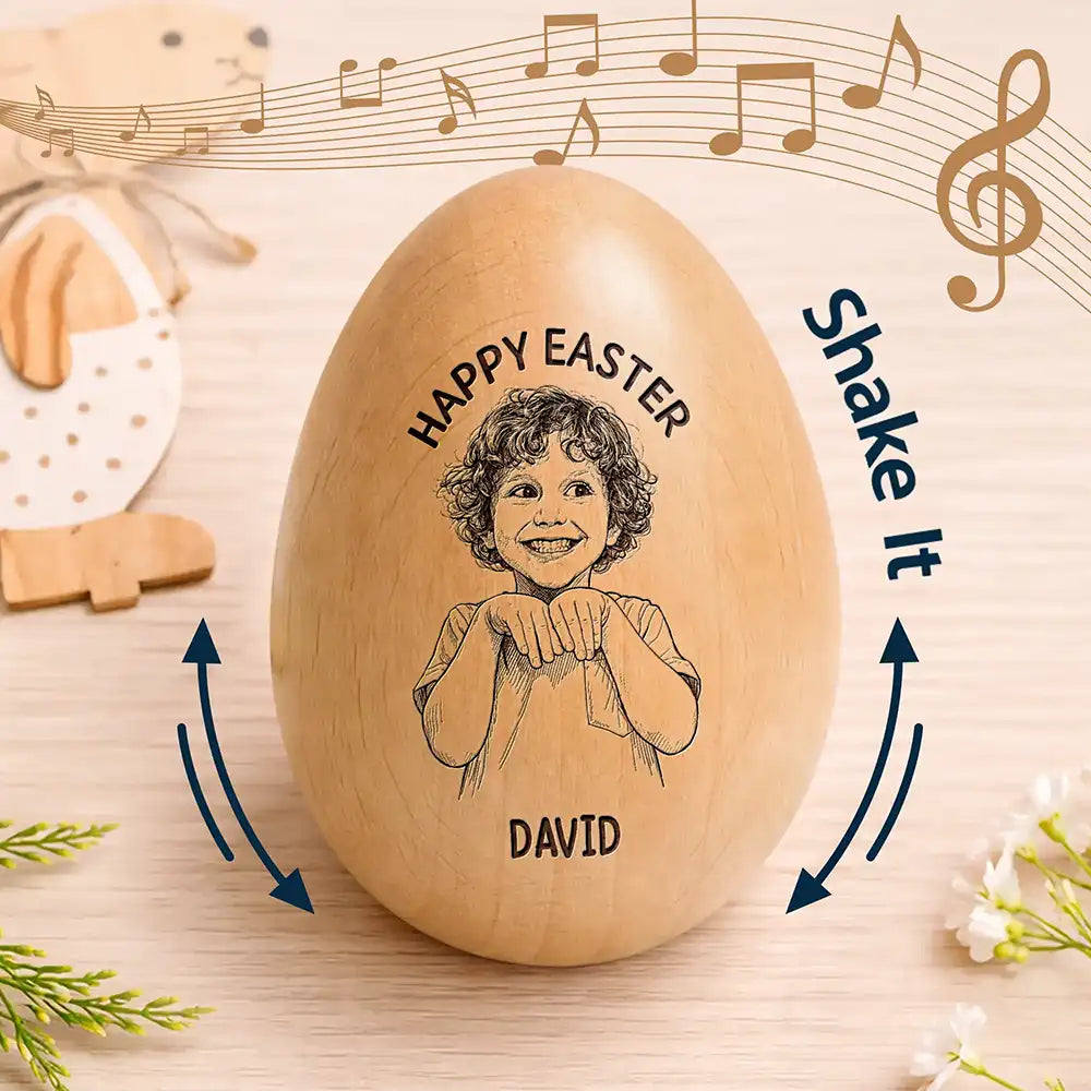 Grandpa,Grandkids,Gift For Kids,Grandma,Gift For Grandkids,Parents,Dad,Children,Mom - Children,Easter - Custom Photo Pencil Sketch Happy Kids Easter - Personalized Musical Wooden Easter Egg Shaker