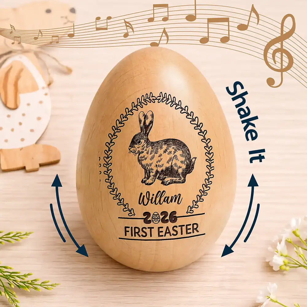 Gift For Kids,Grandma,Grandkids,Gift For Grandkids,Dad,Children,Mom,Easter,Happy - First Easter Bunny With Laurel Wreath - Personalized Musical Wooden Easter Egg Shaker