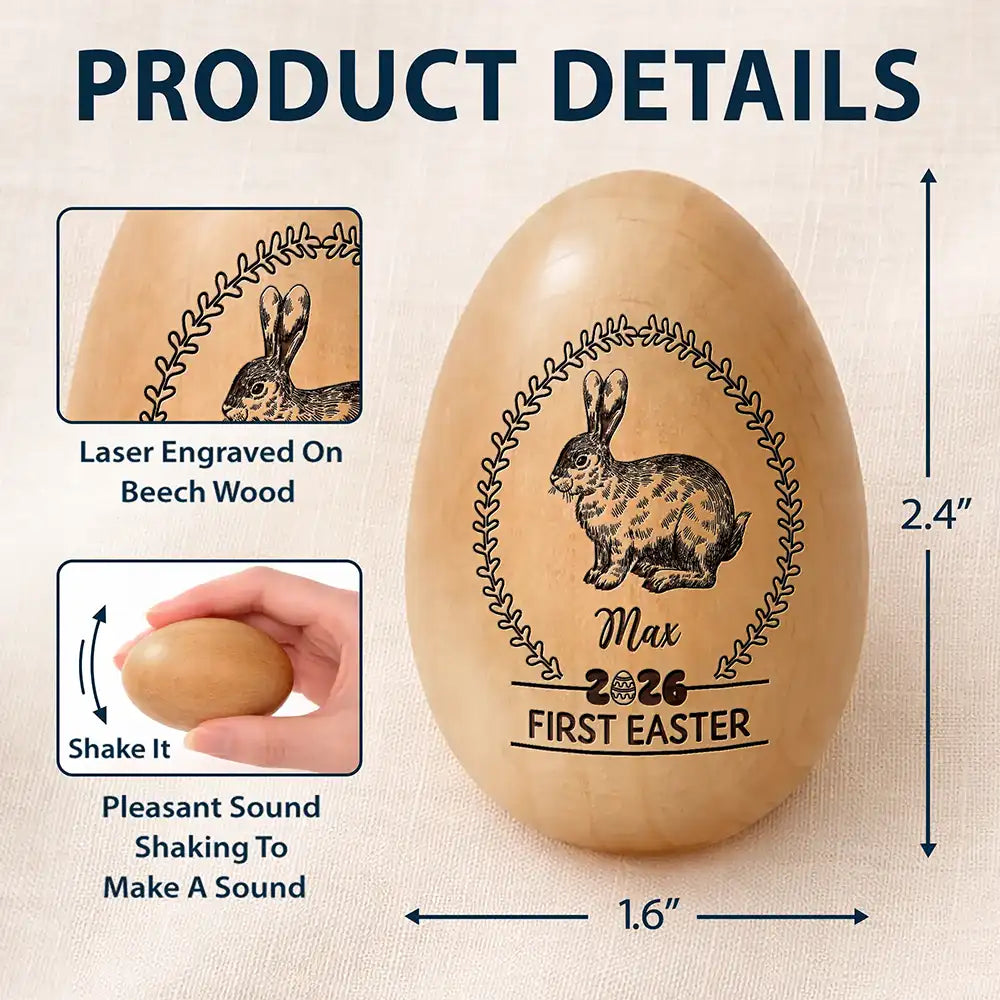 Gift For Kids,Grandma,Grandkids,Gift For Grandkids,Dad,Children,Mom,Easter,Happy - First Easter Bunny With Laurel Wreath - Personalized Musical Wooden Easter Egg Shaker