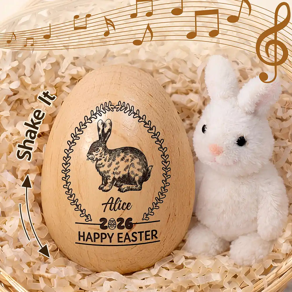 First Easter Bunny With Laurel Wreath - Personalized Musical Wooden Easter Egg Shaker