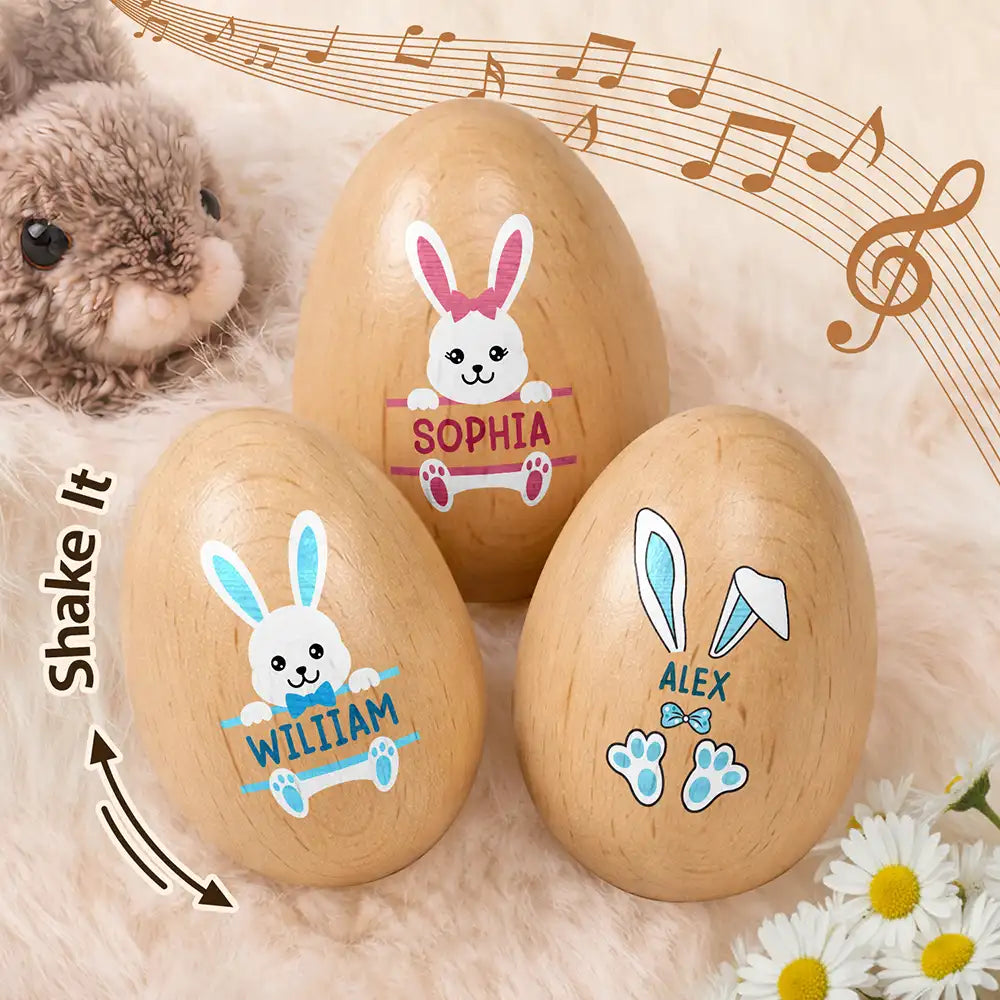 Custom Name With Adorable Bunny - Personalized Musical Wooden Easter Egg Shaker