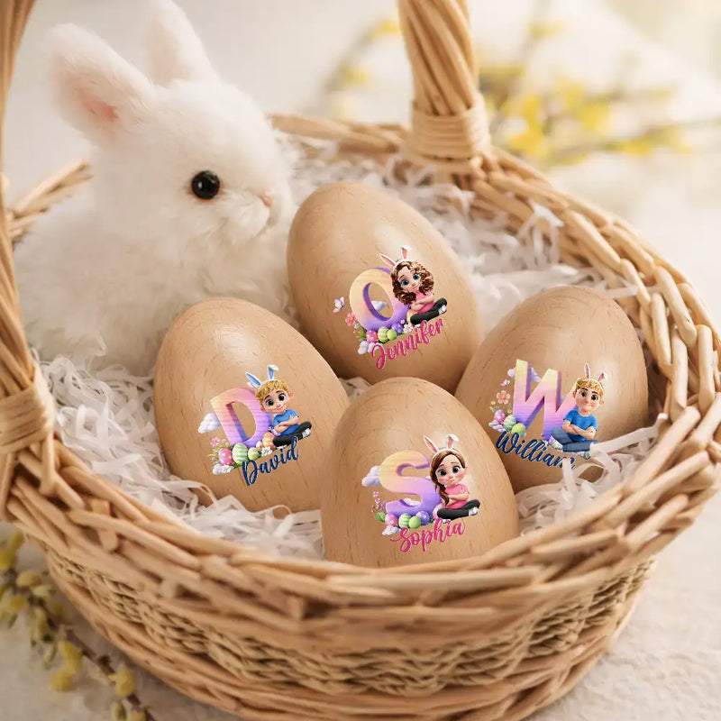 Easter,Non-Eng,Gift For Kids,Gift For Grandkids,Grandma,Grandkids,Grandpa,Dad,Children,Children,Happy - Kid Baby Sitting With Easter Alphabet Letters - Personalized Musical Wooden Easter Egg Shaker