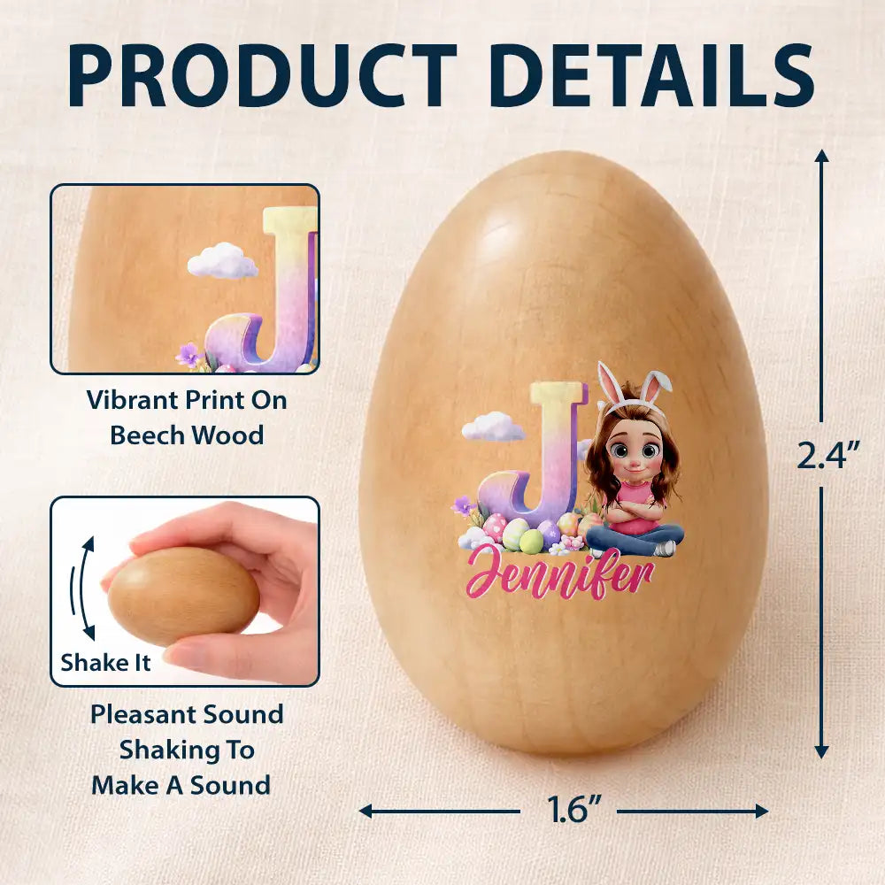 Easter,Non-Eng,Gift For Kids,Gift For Grandkids,Grandma,Grandkids,Grandpa,Dad,Children,Children,Happy - Kid Baby Sitting With Easter Alphabet Letters - Personalized Musical Wooden Easter Egg Shaker
