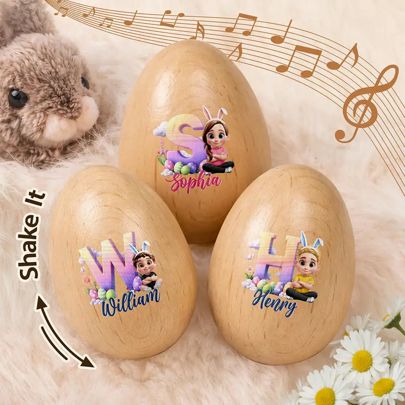 Easter,Non-Eng,Gift For Kids,Gift For Grandkids,Grandma,Grandkids,Grandpa,Dad,Children,Children,Happy - Kid Baby Sitting With Easter Alphabet Letters - Personalized Musical Wooden Easter Egg Shaker