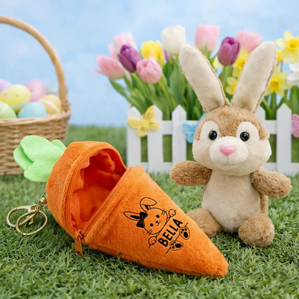 Easter,Happy,Parents,Dad - Children,Mom - Children,Gift For Kids - Adorable Bunny With Custom Name - Personalized Plush Reversible Carrot Bunny Keychain