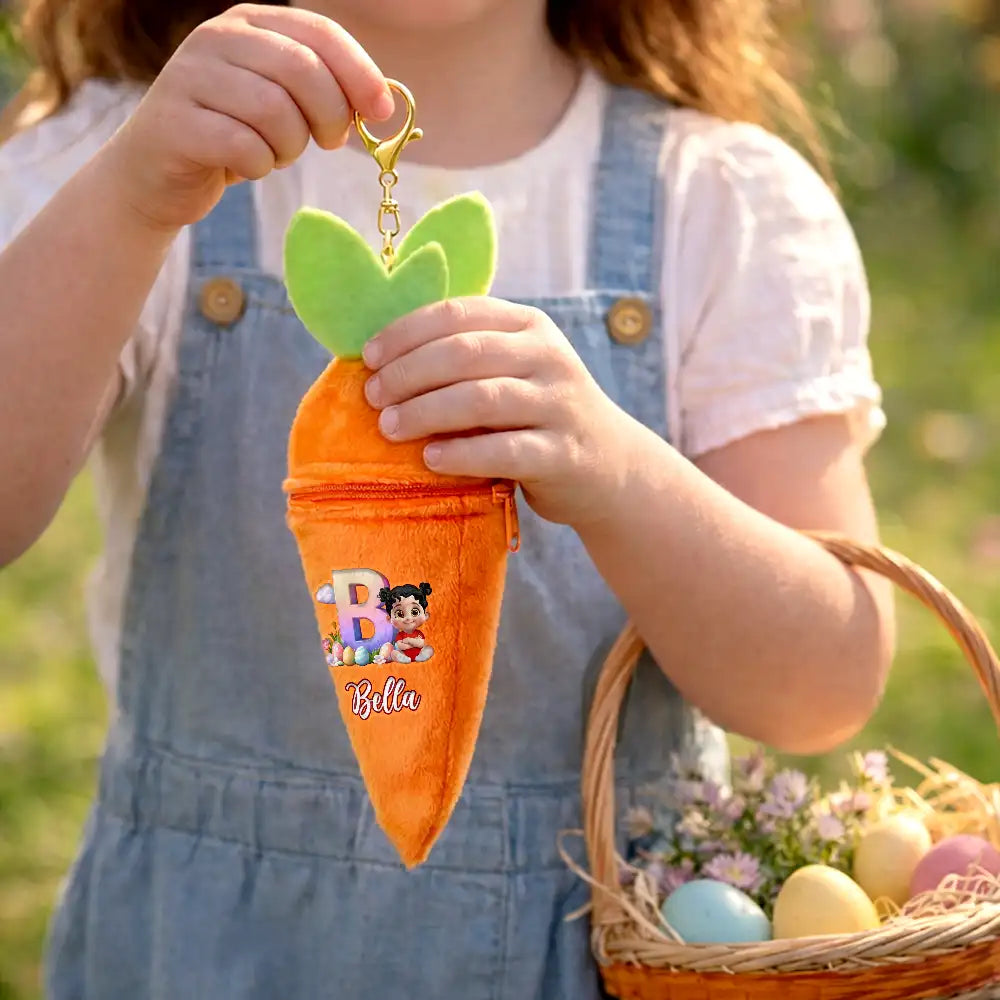 Easter,Happy,Gift For Kids,Dad - Children,Mom - Children,Grandpa - Grandkids,Grandma - Grandkids,Gift For Grandkids - Kids Sitting With Easter Alphabet Letters - Personalized Plush Reversible Carrot Bunny Keychain