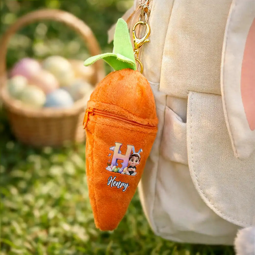 Easter,Happy,Gift For Kids,Dad - Children,Mom - Children,Grandpa - Grandkids,Grandma - Grandkids,Gift For Grandkids - Kids Sitting With Easter Alphabet Letters - Personalized Plush Reversible Carrot Bunny Keychain
