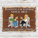 Top Market, Humorous, Old Couples, Gift For Couples, Vector - Annoying Each Other For Many Years Still Going Strong Retro Cartoon Couple - Personalized Classic Metal Signs