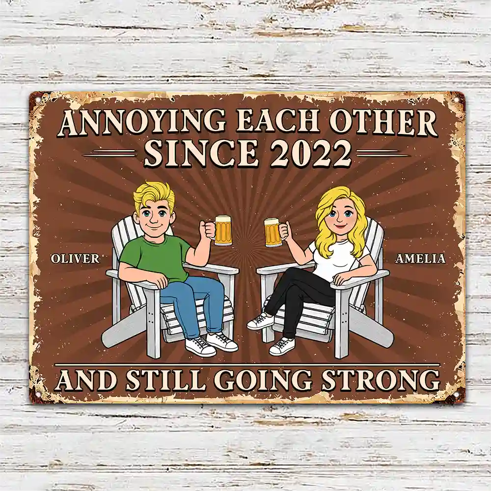 Top Market, Humorous, Old Couples, Gift For Couples, Vector - Annoying Each Other For Many Years Still Going Strong Retro Cartoon Couple - Personalized Classic Metal Signs