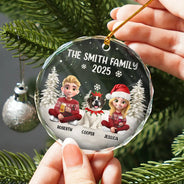 Happy, Gift For Couples, Gift For Husband, Gift For Wife, Parents, Family, Dog Lovers, Cat Lovers, Pet Lovers - Family Kid Cat Dog - Personalized Circle Glass Ornament