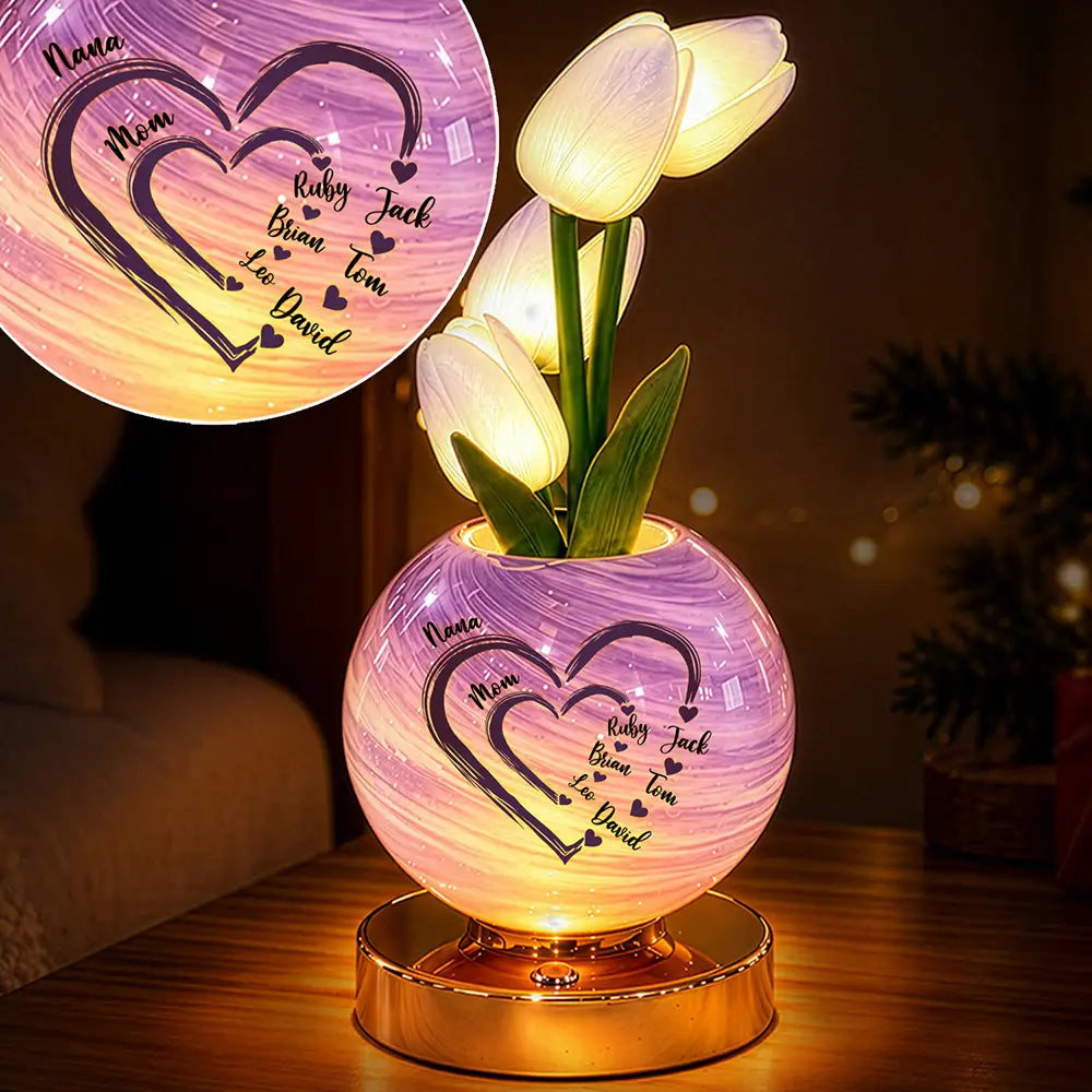 Christmas,Custom Text,Gift For Grandma,Gifts For Her,Grateful,Indoor Decor - Bedside Christmas Home Decor Gift For Grandma, Mom - Personalized With Kid's Name Sweethearts Tulip LED Night Light